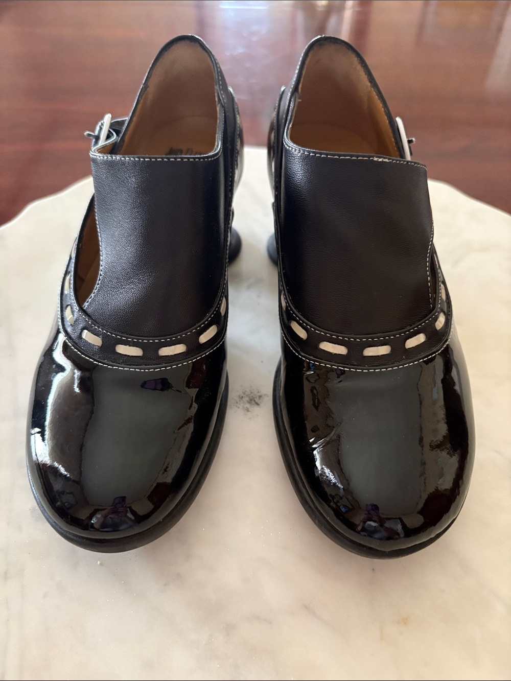 John Fluevog Black Patent & Leather Mary Jane Heels